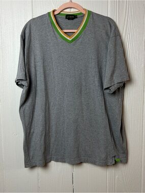 J.Crew Vintage Gray V-Neck Tee with Green & Orange Trim 100% Cotton Size XL